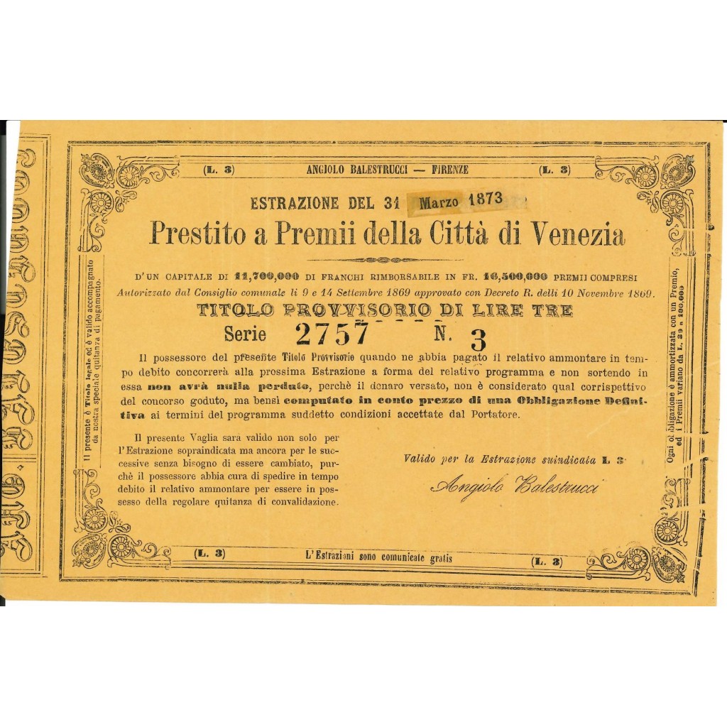 1873 - PRESTITO A PREMII DELLA CITTA' DI...