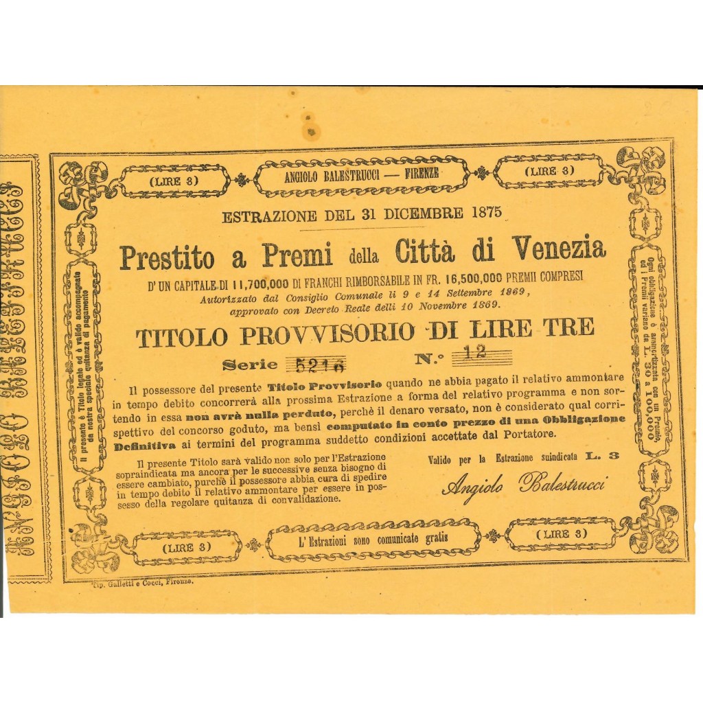 1875 - PRESTITO A PREMII DELLA CITTA' DI...