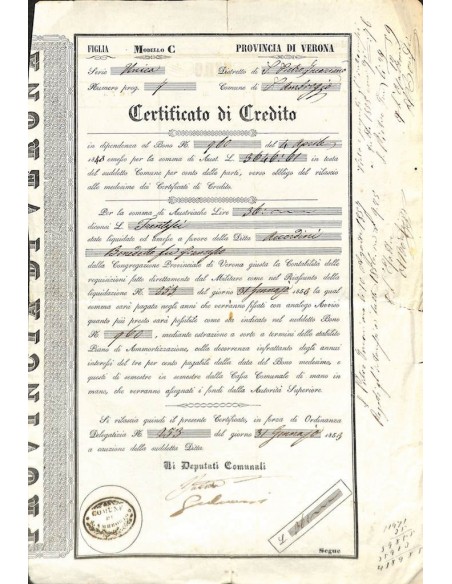 PROVINCIA DI VERONA - COMUNE DI S. AMBROGIO - CERTIFICATO DI CREDITO 1853