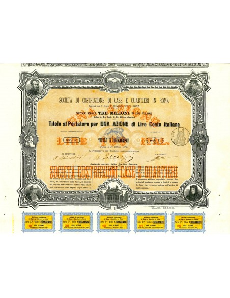 1872 - SOC. DI COSTRUZIONE DI CASE E QUARTIERI IN ROMA 1 AZIONE - ROMA