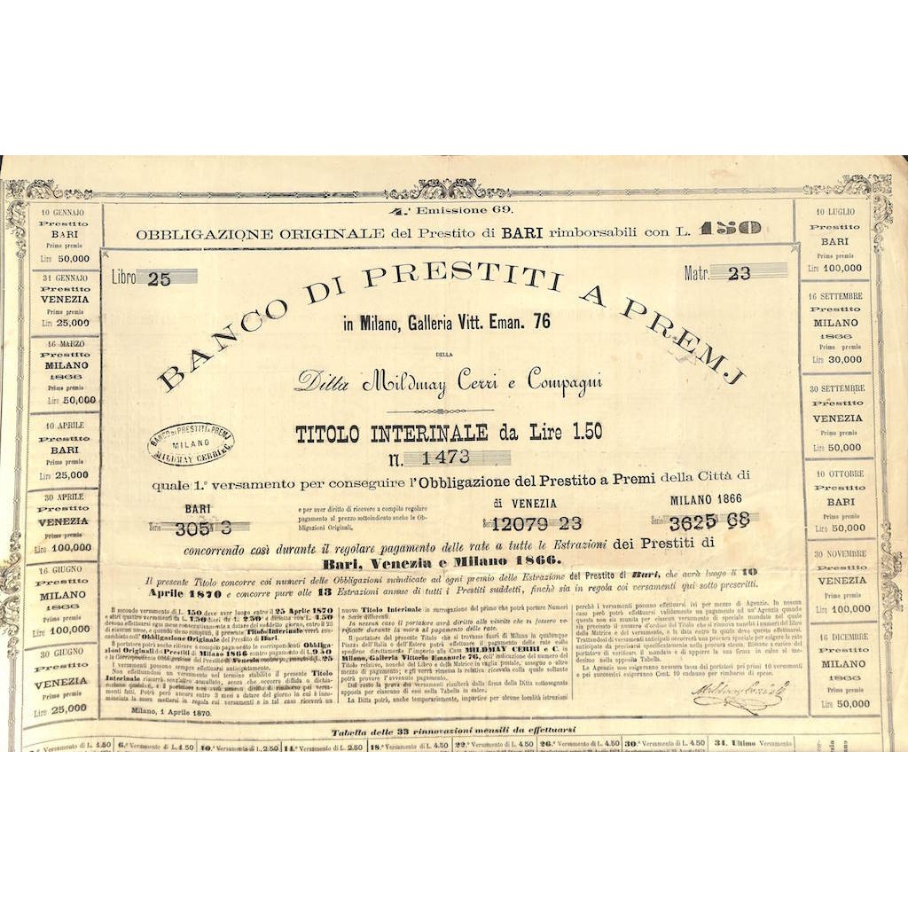 BANCO DI PRESTITI A PREMJ DI BARI - MILDMAY CERRI E COMPAGNI 1 OBB. 1866