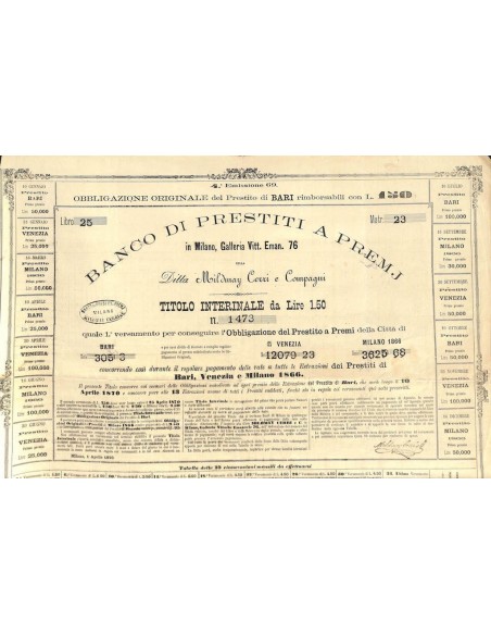 BANCO DI PRESTITI A PREMJ DI BARI - MILDMAY CERRI E COMPAGNI 1 OBB. 1866