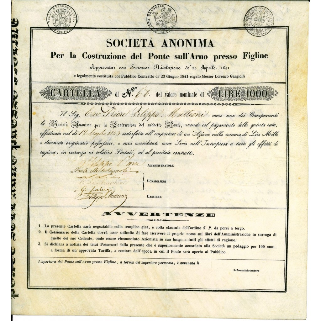 1841 - SOC. ANONIMA PER LA COSTRUZIONE DEL PONTE SULL'ARNO PRESSO FIGLINE LIRE 1.000