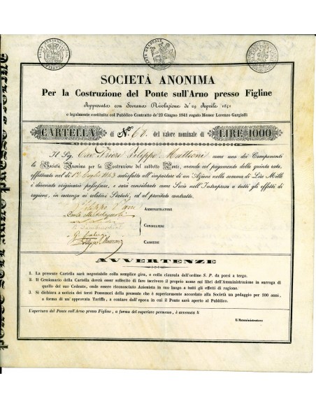1841 - SOC. ANONIMA PER LA COSTRUZIONE DEL PONTE SULL'ARNO PRESSO FIGLINE LIRE 1.000