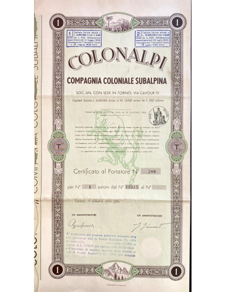 1940 - COLONALPI COMPAGNIA COLONIALE SUBALPINA - 1 AZIONE - TORINO
