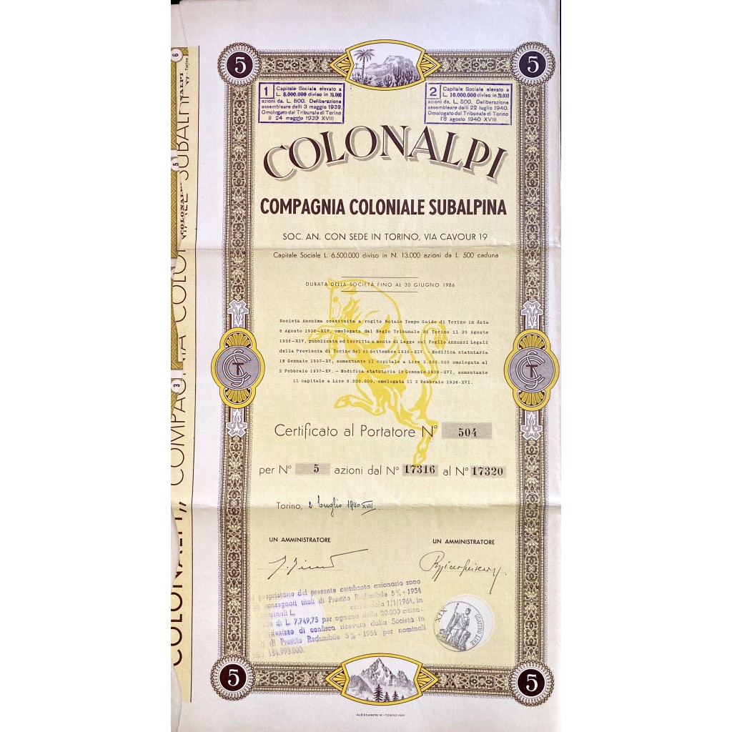 1940 - COLONALPI COMPAGNIA COLONIALE SUBALPINA...