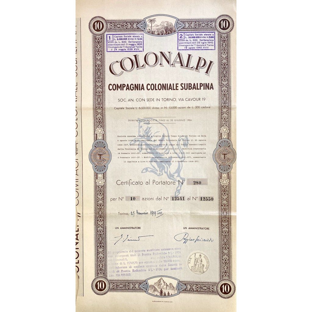 1939 - COLONALPI COMPAGNIA COLONIALE SUBALPINA...