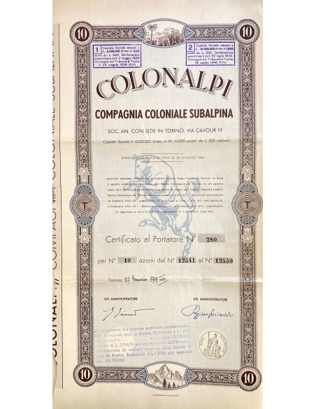 1939 - COLONALPI COMPAGNIA COLONIALE SUBALPINA - 10 AZIONI - TORINO