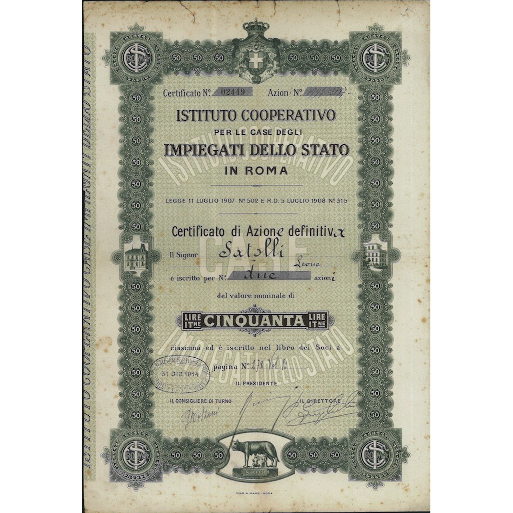 ISTITUTO COOP. PER LE CASE DEGLI IMPIEGATI DELLO STATO AZIONE ROMA 1914