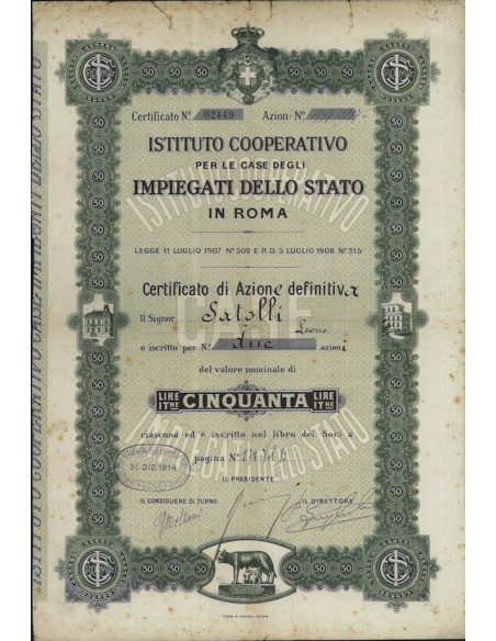 ISTITUTO COOP. PER LE CASE DEGLI IMPIEGATI DELLO STATO AZIONE ROMA 1914