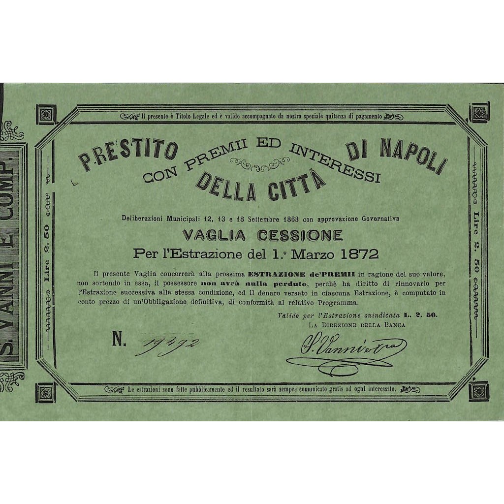PRESTITO DELLA CITTA' DI NAPOLI - VAGLIA CESSIONE 1872