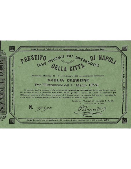 PRESTITO DELLA CITTA' DI NAPOLI - VAGLIA CESSIONE 1872
