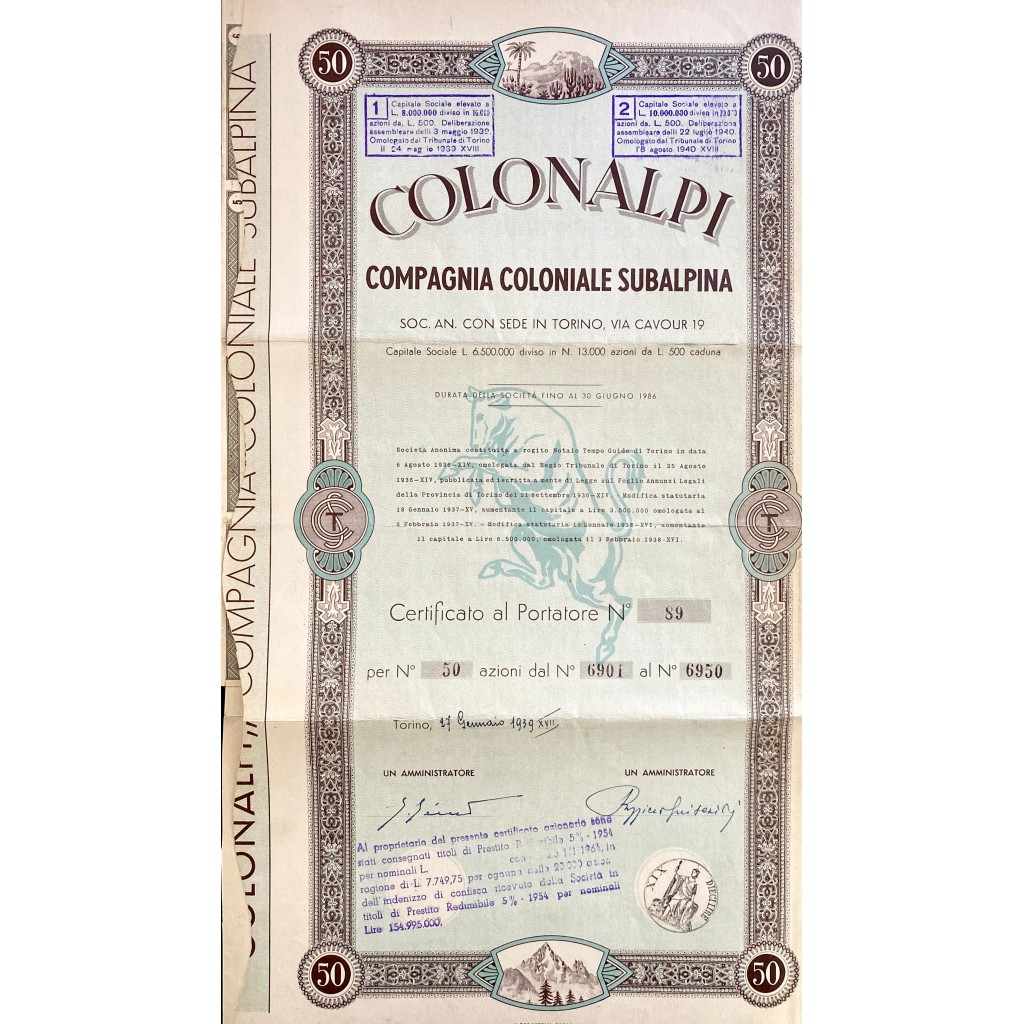 1939 - COLONALPI COMPAGNIA COLONIALE SUBALPINA...