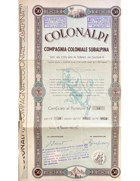 1939 - COLONALPI COMPAGNIA COLONIALE SUBALPINA - 50 AZIONI - TORINO