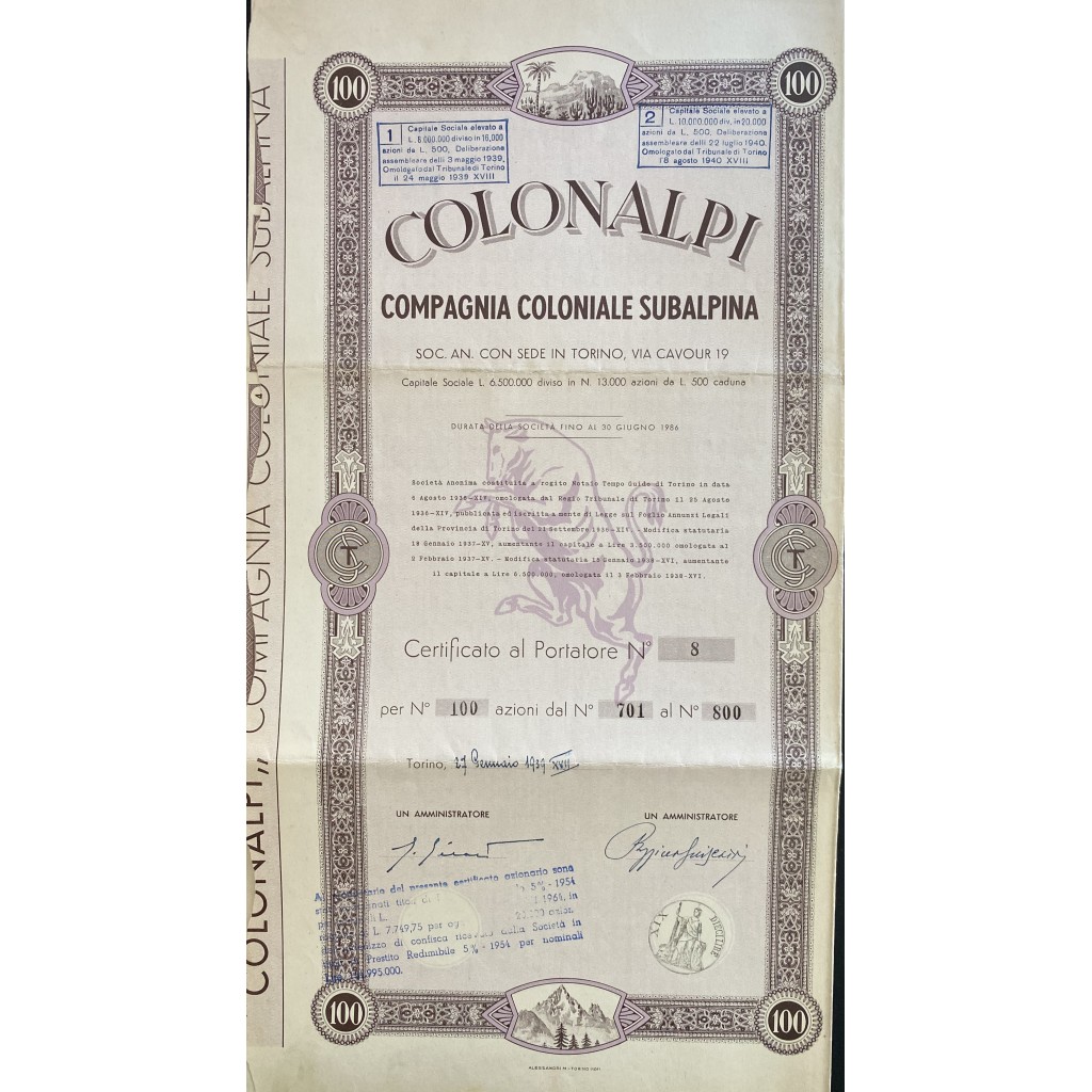 1939 - COLONALPI COMPAGNIA COLONIALE SUBALPINA...