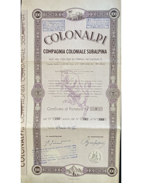 1939 - COLONALPI COMPAGNIA COLONIALE SUBALPINA - 100 AZIONI - TORINO