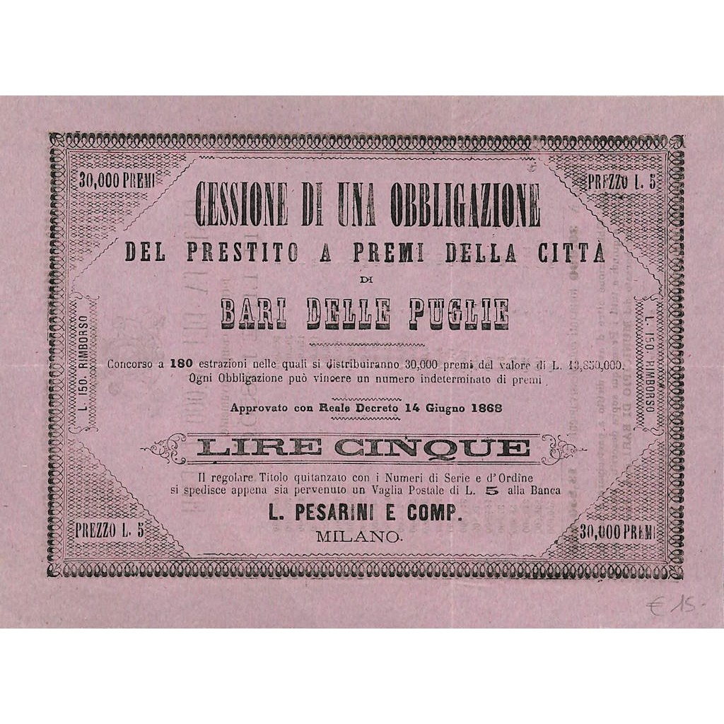 PRESTITO A PREMI CITTA' DI BARI - CESSIONE DI 1 OBBLIGAZIONE 1868