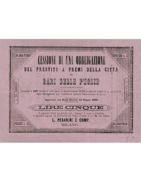 PRESTITO A PREMI CITTA' DI BARI - CESSIONE DI 1 OBBLIGAZIONE 1868