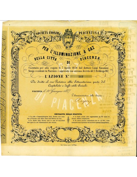 1857 - SOC. ANON. PIACENTINA PER L'ILLUMINAZIONE A GAZ DELLA CITTA' DI PIACENZA