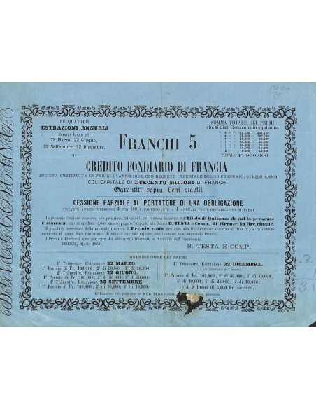 CREDITO FONDIARIO DI FRANCIA - CESSIONE DI 1 FIRENZE 1868
