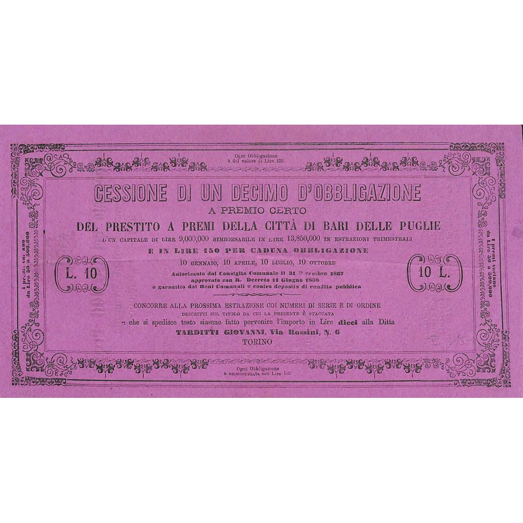 PRESTITO A PREMI DI BARI - CESSIONE DI 1/10 DI 1 OBBLIGAZIONE 1867