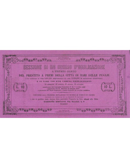 PRESTITO A PREMI DI BARI - CESSIONE DI 1/10 DI 1 OBBLIGAZIONE 1867