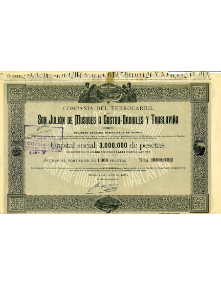 1897 - FERROCARRIL DE SAN JULIAN DE MUSQUES A CASTRO-URDIALES Y TRASLAVINA COMP. DEL (AZIONE)