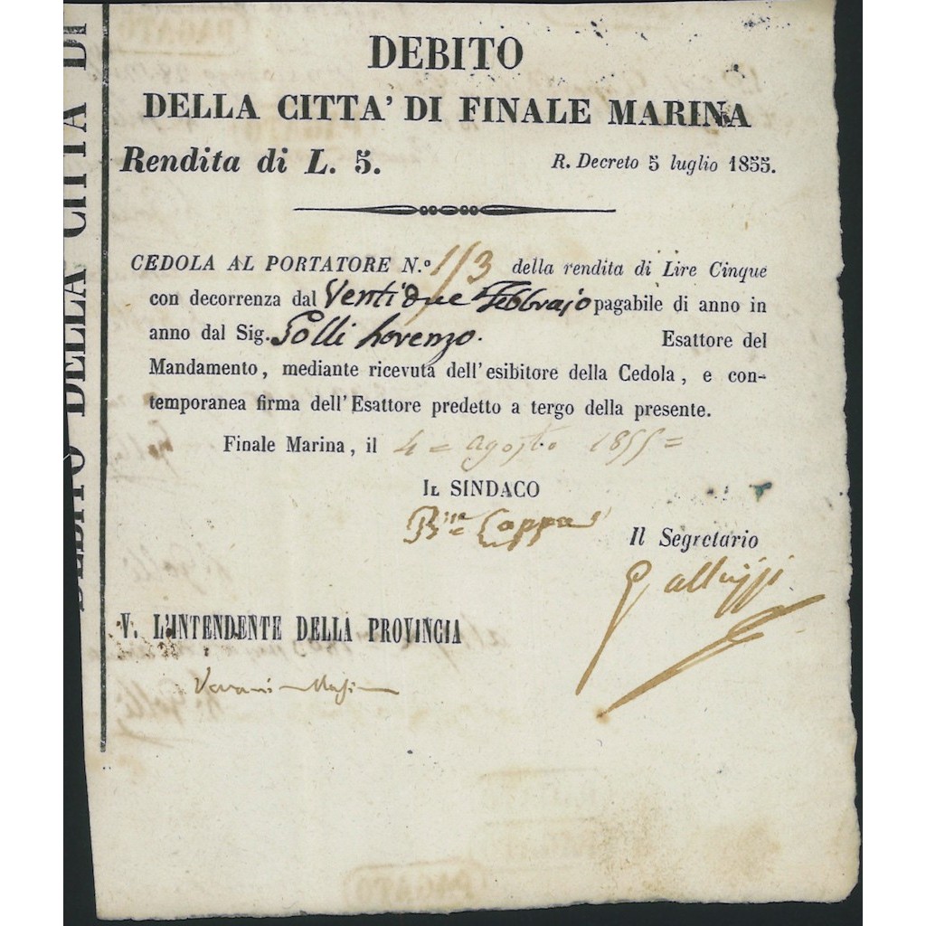 DEBITO DELLA CITTA' DI FINALE MARINA - 1 OBBL. 1855