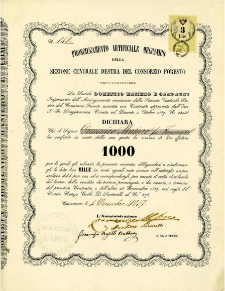 1857 - PROSCIUGAMENTO ARTIFICIALE MECCANICO DELLA SEZIONE CENTRALE... 1 OBBLIGLIGAZIONE L.1.000 - CAVARZERE