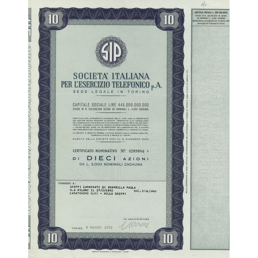 1972 - SIP SOCIETA' ITALIANA PER L'ESERCIZIO...