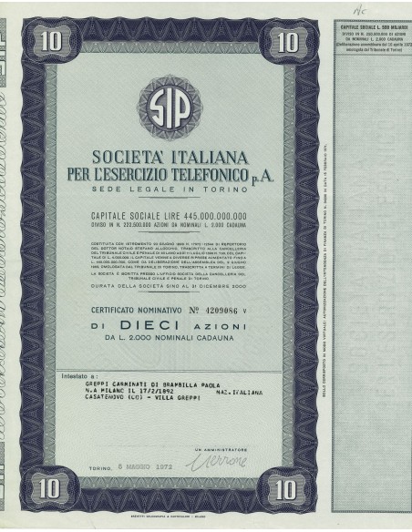 1972 - SIP SOCIETA' ITALIANA PER L'ESERCIZIO TELEFONICO - 10 AZIONI - TORINO