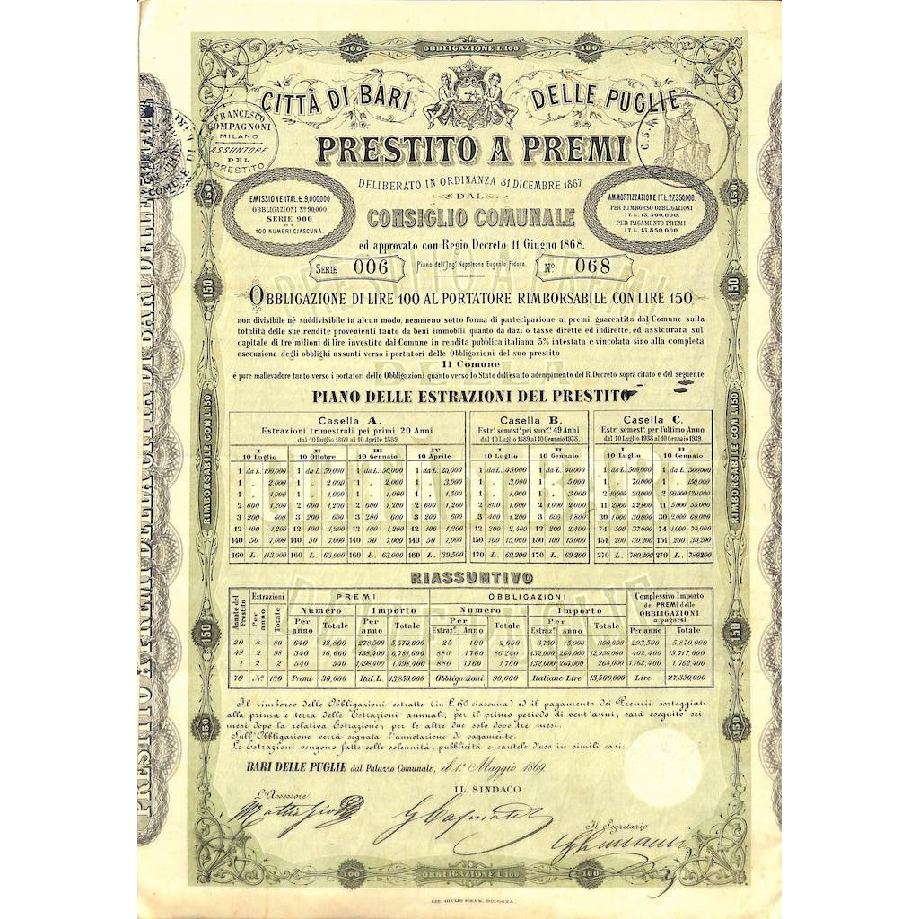 CITTA' DI BARI PRESTITO A PREMI - 1 OBBLIGAZIONE 1869