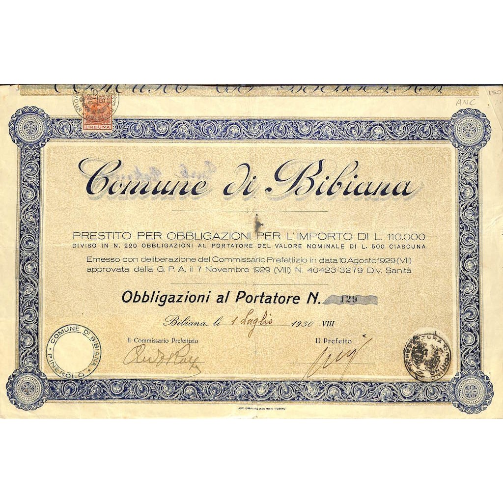 COMUNE DI BIBIANA - OBBLIGAZIONI 1930