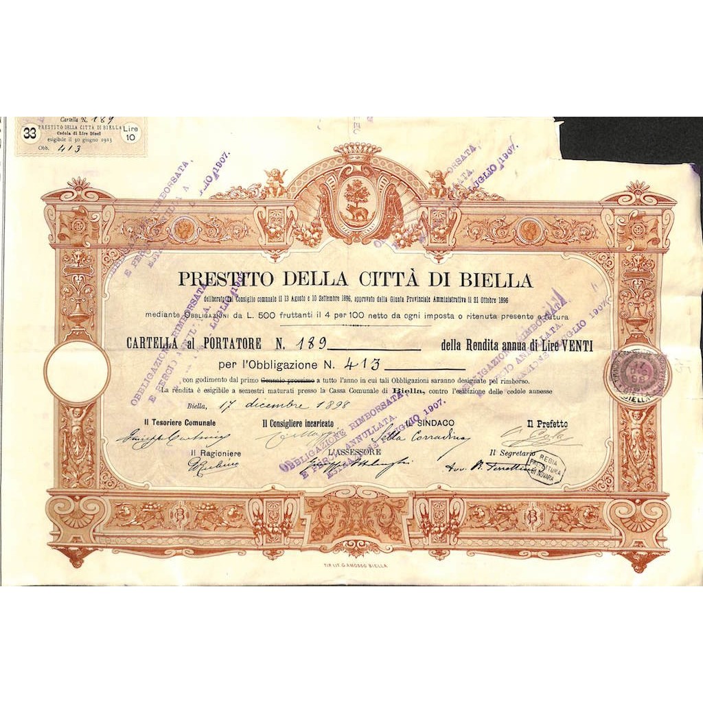 PRESTITO DELLA CITTA' DI BIELLA - 1 OBBLIGAZIONE 1898