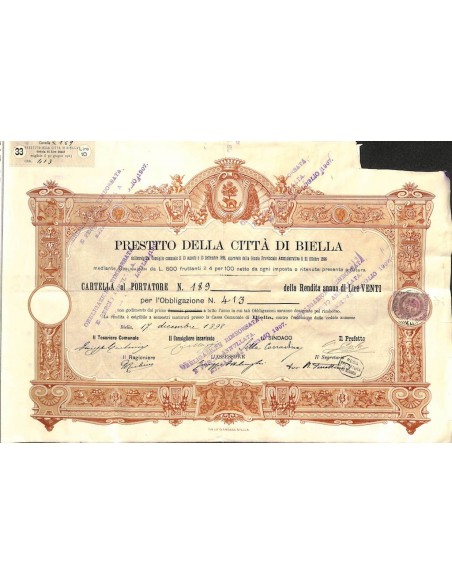 PRESTITO DELLA CITTA' DI BIELLA - 1 OBBLIGAZIONE 1898