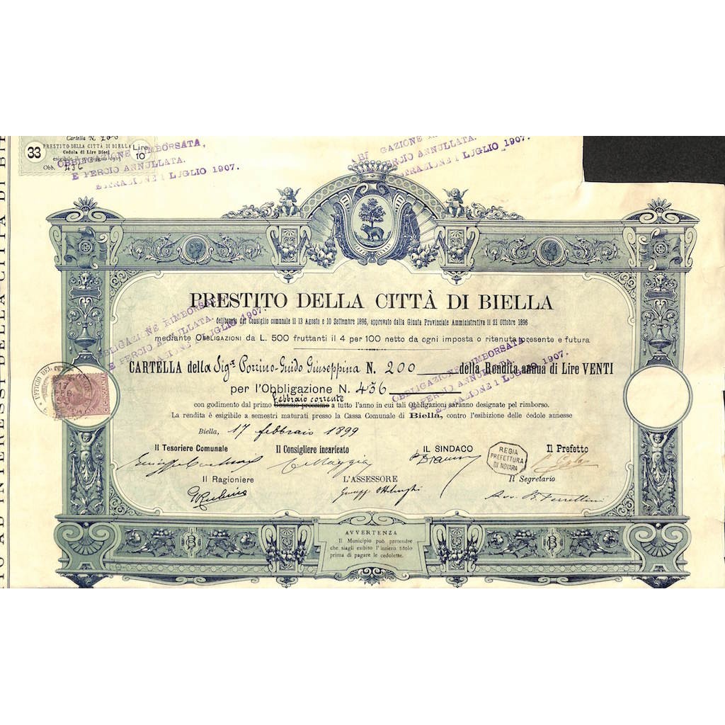 PRESTITO DELLA CITTA' DI BIELLA - 1 OBBLIGAZIONE 1899