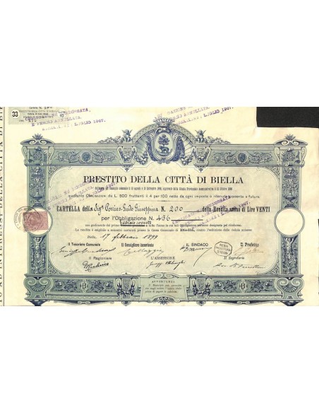 PRESTITO DELLA CITTA' DI BIELLA - 1 OBBLIGAZIONE 1899