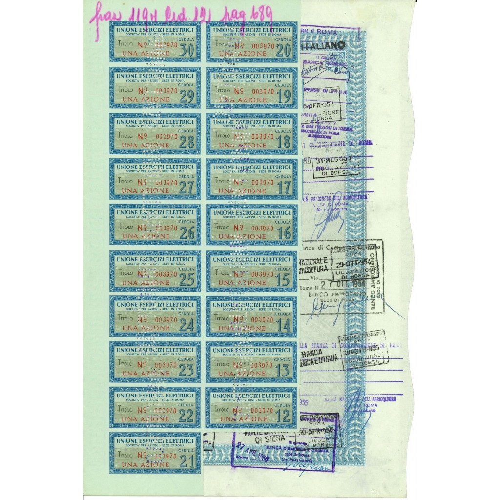 1951 - UNIONE ESERCIZI ELETTRICI 1 AZIONE - ROMA