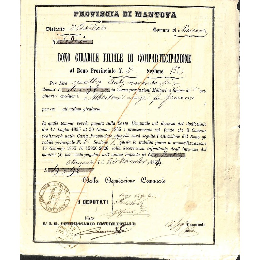 PROVINCIA DI MANTOVA - BONO GIRABILE DI COMPART. 1854