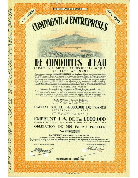 1944 - COMPAGNIE D'ENTREPRISES DE CONDUITES D'EAU 4% - OBLIGATION - NAPOLI