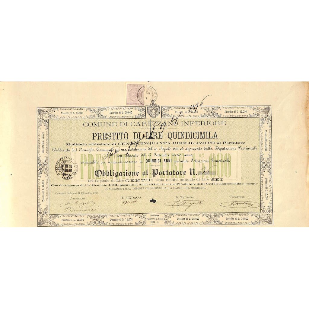 COMUNE DI CAREZZANO INFERIORE - 1 OBBLIGAZIONE 1882