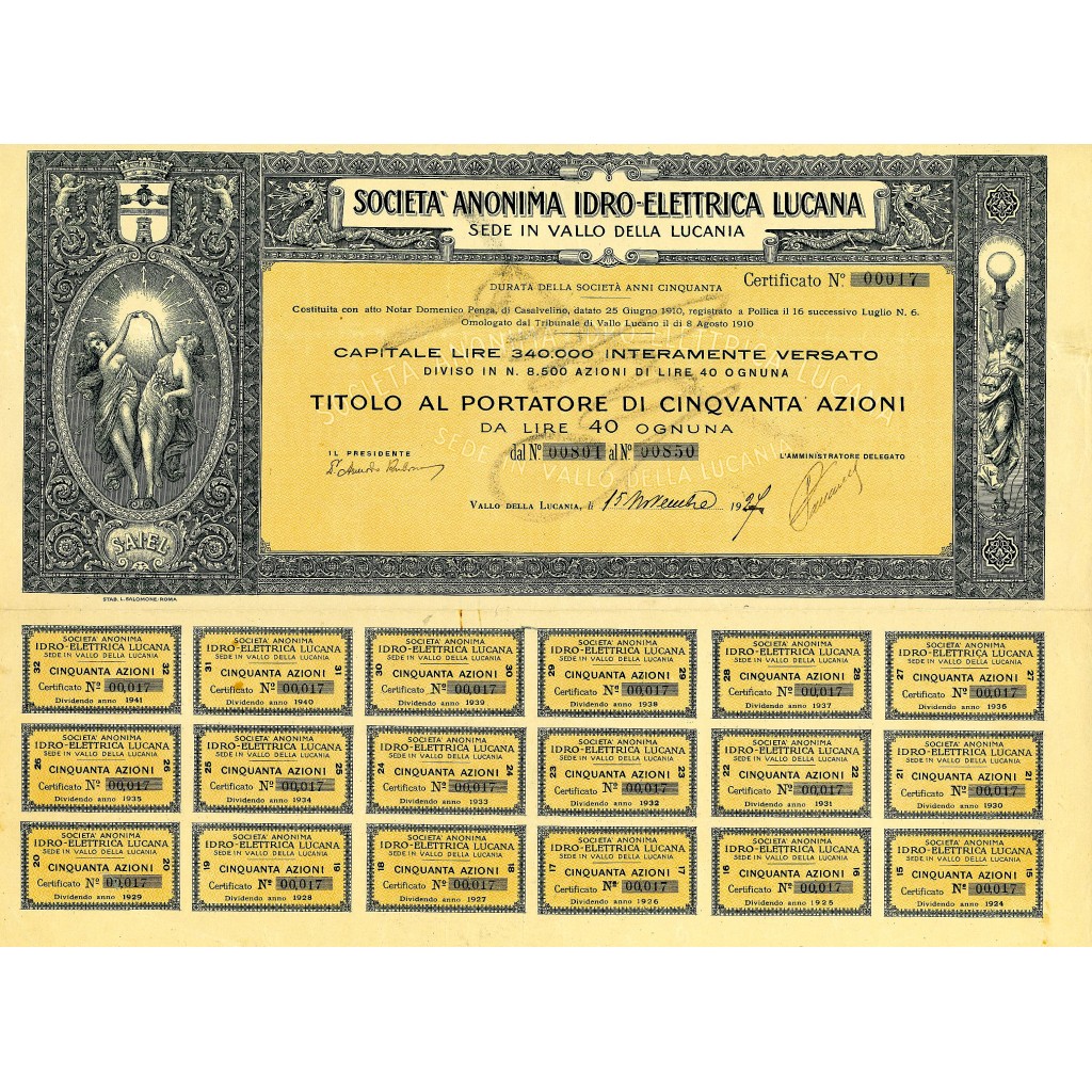 1927 - SOC. ANON.  IDRO-ELETTRICA LUCANA 50...