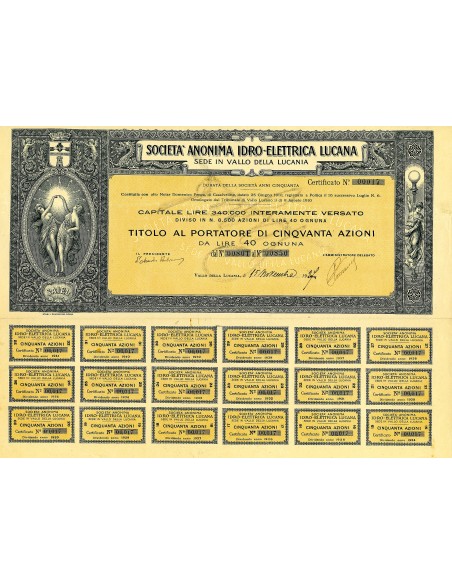 1927 - SOC. ANON.  IDRO-ELETTRICA LUCANA 50 AZIONI - VALLO DELLA LUCANA
