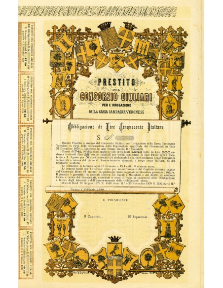 1880 - PRESTITO CONSORZIO GIULIARI PER L'IRRIGAZIONE DELLA BASSA CAMPAGNA VERONESE - VERONA