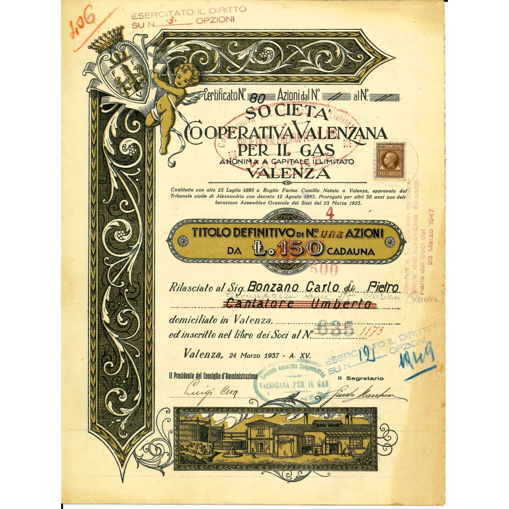 1937 - SOC. COOPERATIVA VALENZANA PER IL GAS N....