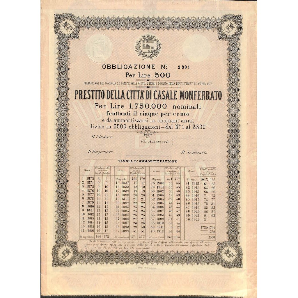 PRESTITO DELLA CITTA' DI CASALE MONFERRATO - 1 OBBLIGAZ. 1872