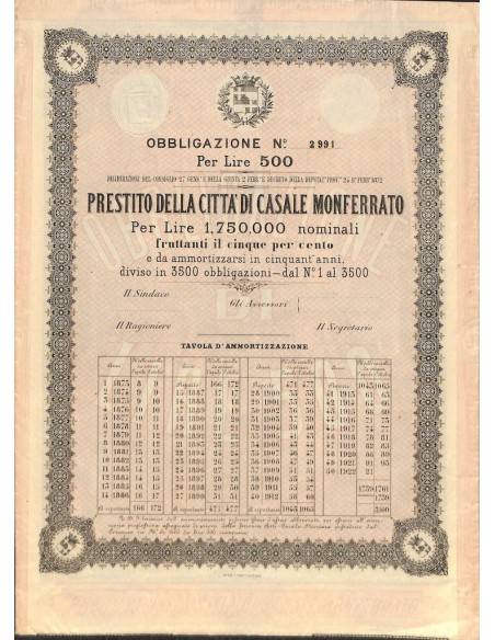 PRESTITO DELLA CITTA' DI CASALE MONFERRATO - 1 OBBLIGAZ. 1872