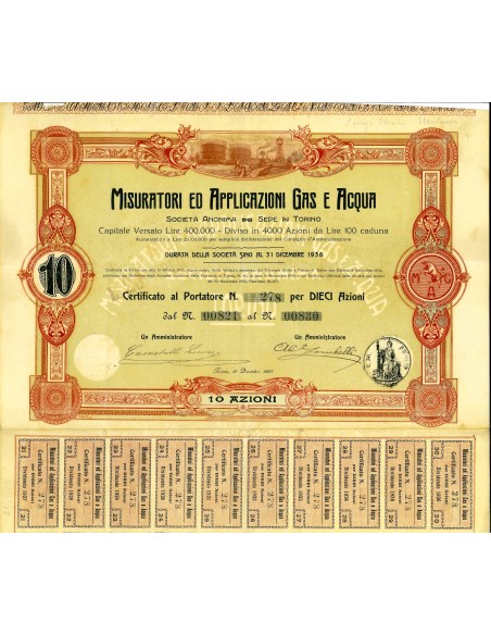 1907 - MISURATORI ED APPLICAZIONI GAS E ACQUA 10 AZIONI - TORINO