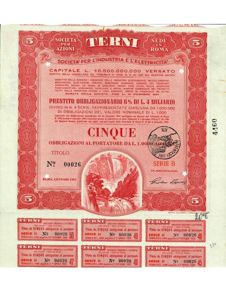 1951 - TERNI - SOCIETA' PER L' INDUSTRIA E L' ELETTRICITA' 5 AZIONI SERIE II  - ROMA
