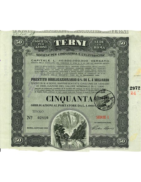 1951 - TERNI - SOCIETA' PER L' INDUSTRIA E L' ELETTRICITA' 50 AZIONI  - ROMA